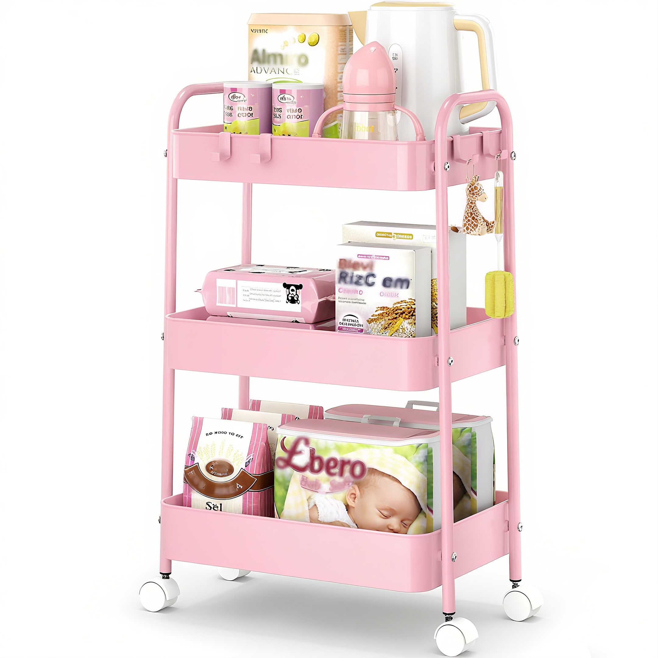 Baby Nursery Organizer - 3 Tier Metal Rolling Cart With