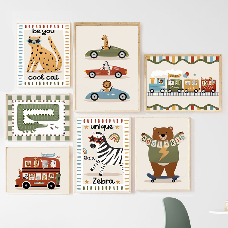Baby Nursery Posters - Funny Cartoon Animals Car Bus Nursery