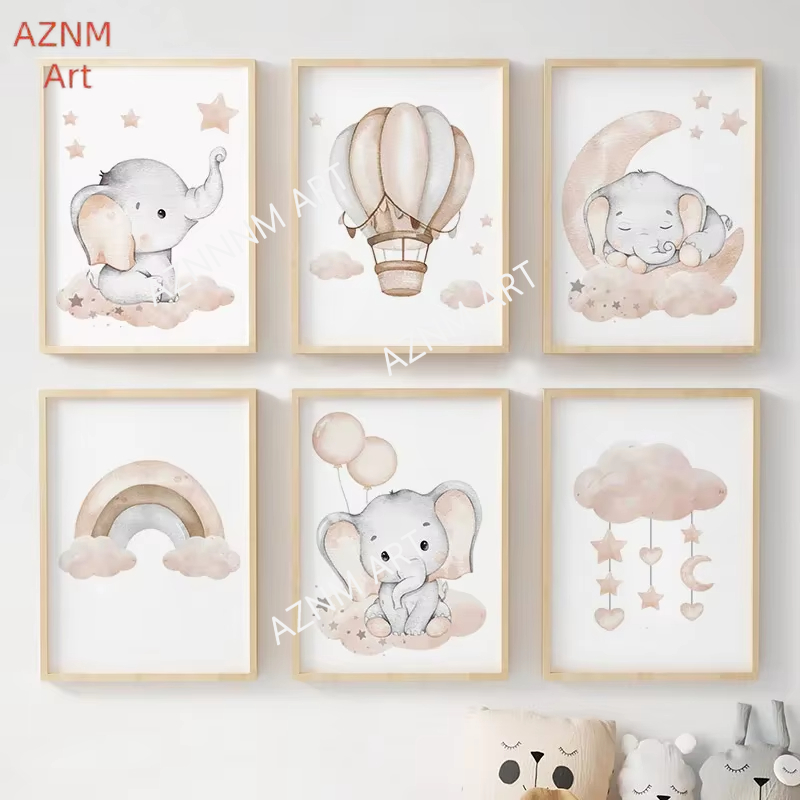 Baby Nursery Prints - Elephant Balloon Rainbow Moon Stars Cloud