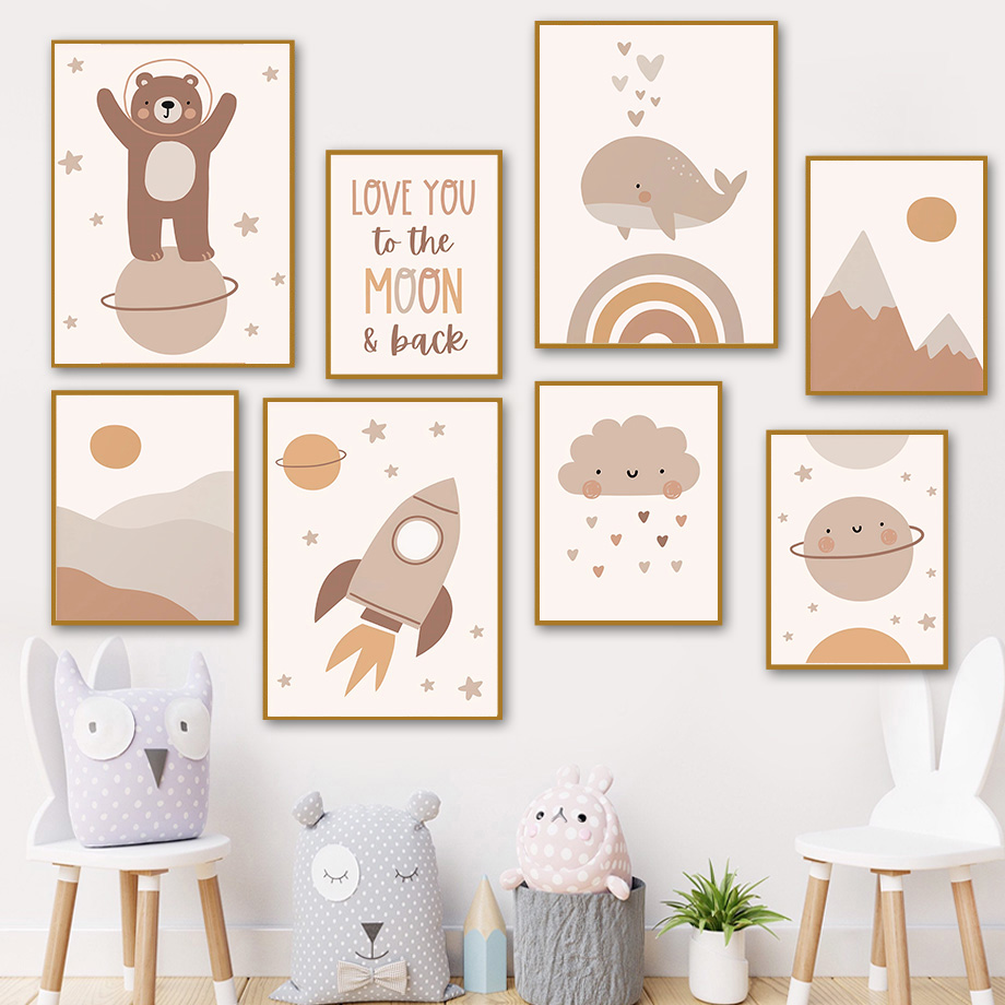 Baby Nursery Posters - Boho Bear Whale Rocket Planet Sun