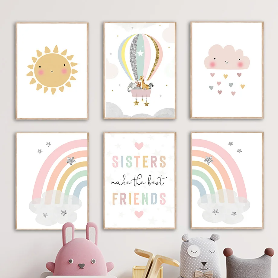 Baby Nursery Prints - Giraffe Elephant Hot Balloon Sun Rainbow
