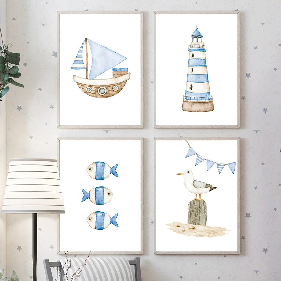 Baby Nursery Posters - Sailboat Lighthouse Fish Nautical Nursery Posters