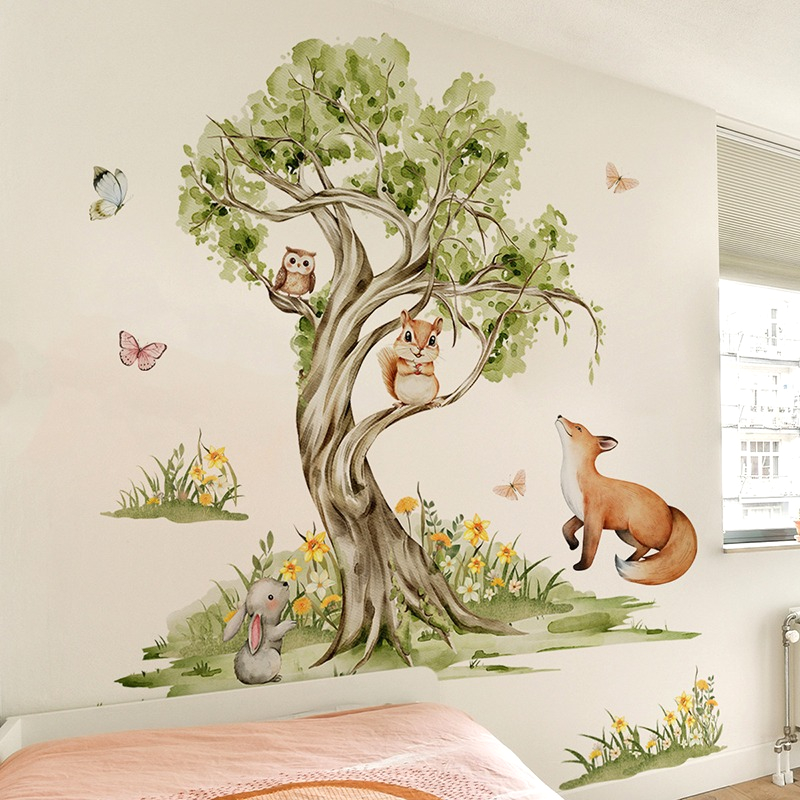 Baby Nursery Tree - Watercolor Forest Large Tree Animals Wall