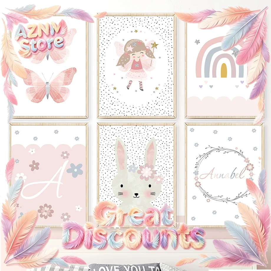 Baby Nursery Posters - Cute Girl Rabbit Flower Butterfly Rainbow