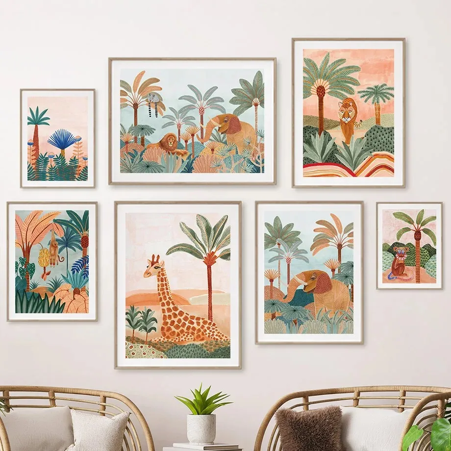 Baby Nursery Tree - Boho Jungle Animals Tiger Monkey Giraffe